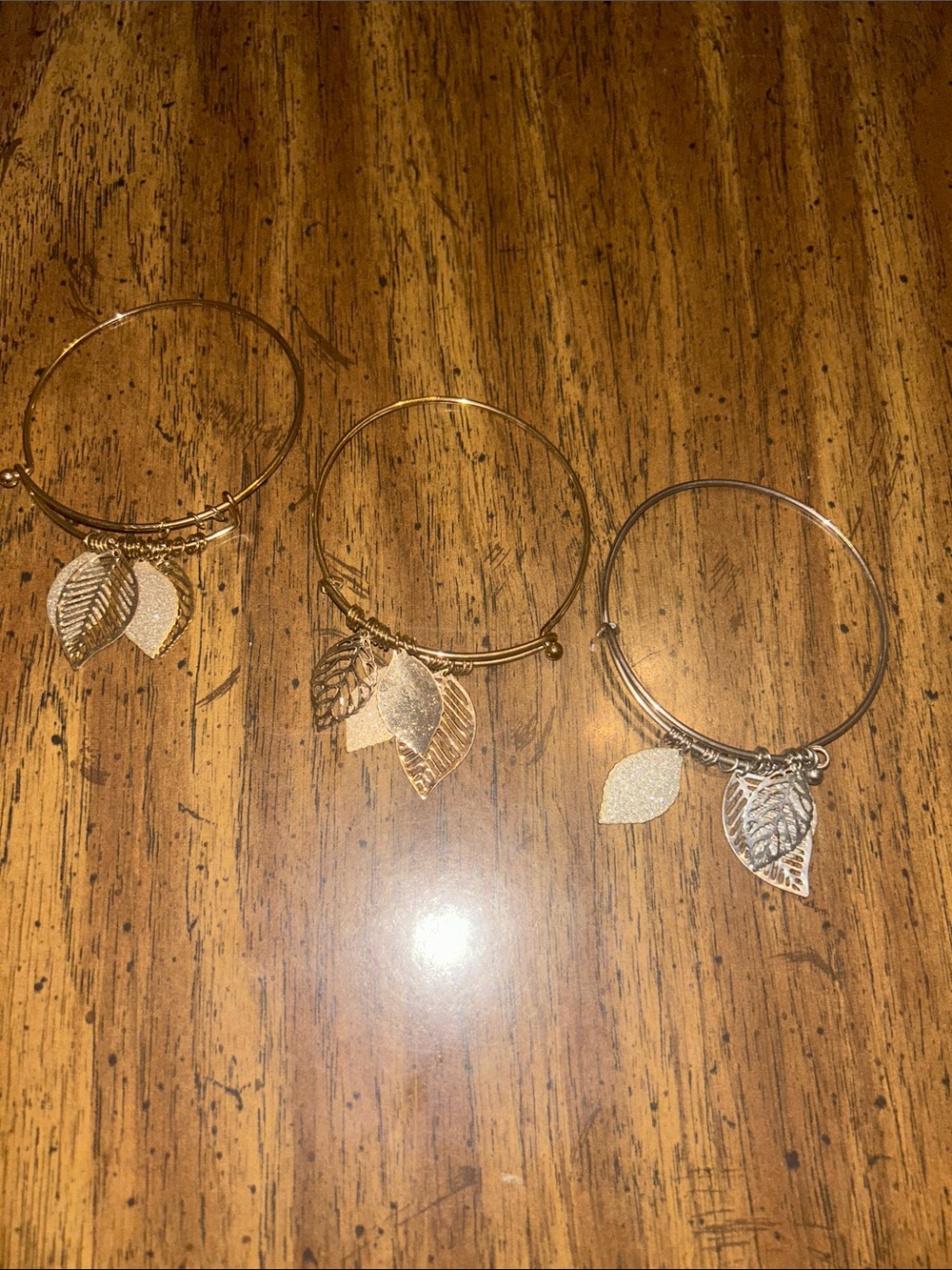 Gold & Silver Wire Bangle Bracelet Leaf Charms